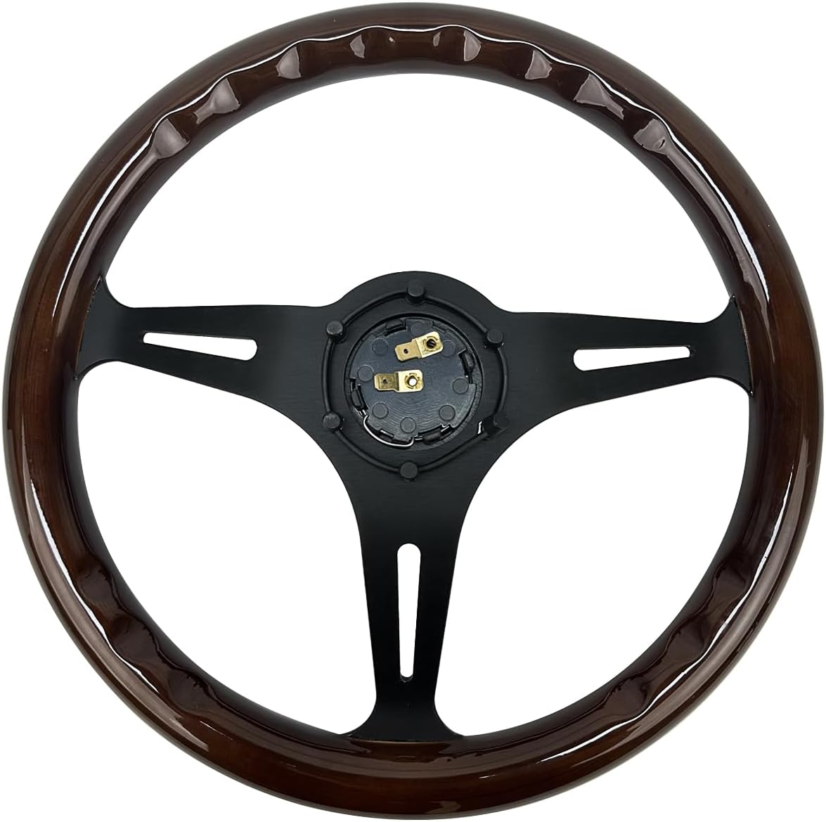 Hiracing 14" Universal Classic Wood Grain Steering Wheel Brushed 3 Spoke 1.5 Depth Steering Wheel with Horn Button 6 bolts (010)