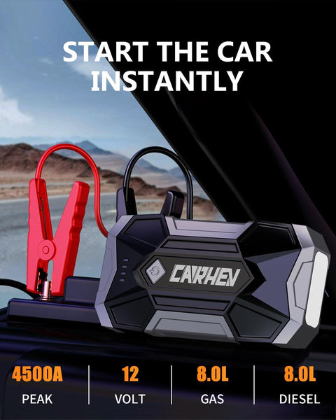 CARHEV 4500A Jump Starter Power Pack, 12V Car Battery Booster Jump Starter Power Bank (up to 8.0L Gas or 8.0L Diesel Engine), Portable Car Starter with LED Flashlight, Jump Pack with Jump Leads