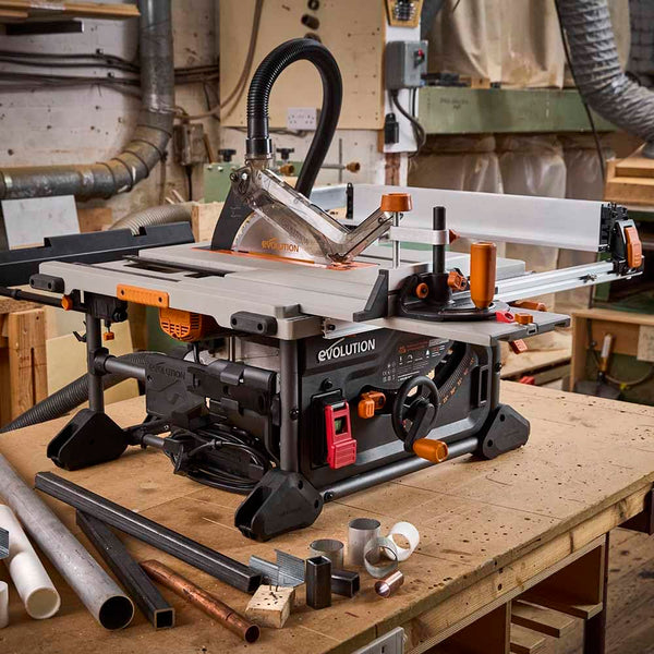 Evolution Power Tools R255TBLX+ Table Saw With Stand (Next Gen Rage 5-S) Multi-Material Cutting Blade Included Cuts Wood Metal Plastic, 45˚ Bevel, +/- 60˚ Mitre Angle, 85mm Cut Depth, 1800w Motor 240v