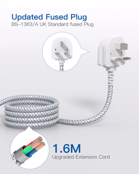 Black Extension Lead with USB Slots，6 Way Outlets 5 USB(5A, 1 USB- C and 4 USB-A Port) with 1.6M Braided Extension cord, 3250W Overload Protection，Security Surge Protection Plug Extension Socket