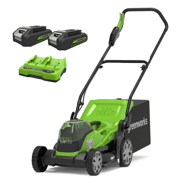 Greenworks G24X2LM36K4X Cordless Lawnmower for Lawns up to 420m², 36cm Cutting Width, 40L Bag PLUS Two of 2x24V(48V equivalent) 4Ah Batteries & Twin Charger, 3 Year Guarantee