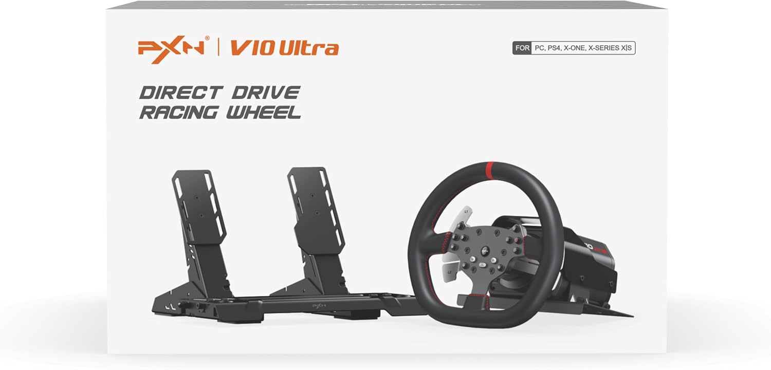 PXN V10 Ultra Direct Drive Gaming Steering Wheel with Pedals – 3.2Nm Force Feedback Servo Base, App Support, PD HM Throttle & Brake Pedals, 270mm Rim – Sim Racing Wheel for PC / PS4 / Xbox
