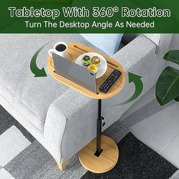 NiHome Bamboo Swivel TV Tray Table with Thickened Stable Non-Tipping Base,Adjustable Height Couch Table Tray,End Table,Bath Tub Side Tray Table with 360° Rotating for Hot Tub Bedside Sofa Balcony
