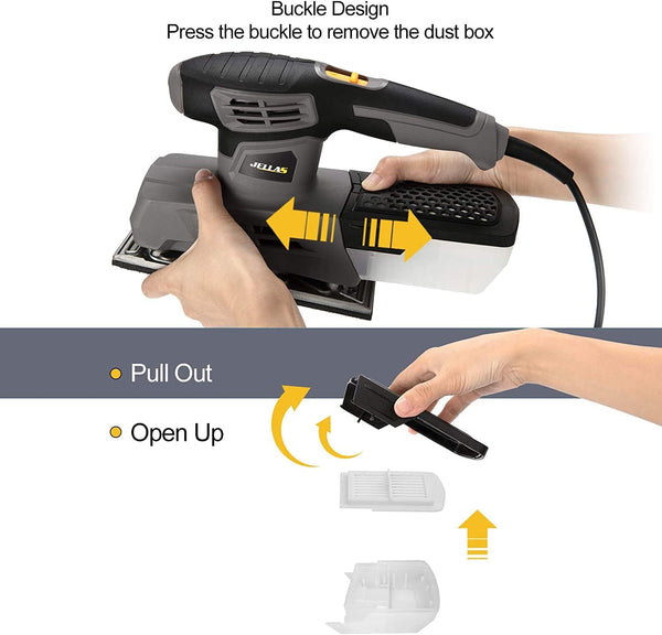 Jellas Sander, 220W 1/3 Sheet Sander, 12000RPM 6 Variable Speeds Electric Sander for Wood with Dust Collection Box, 12Pcs Sanding Sheets, Fast Paper Clamping Mechanism
