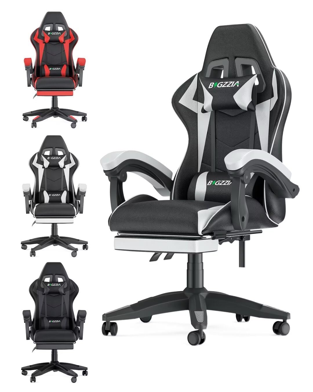 bigzzia Ergonomic Gaming Chair - Gamer Chairs with Lumbar Cushion + Headrest, Height-Adjustable Office & Computer Chair for Adults (without footrest, White)