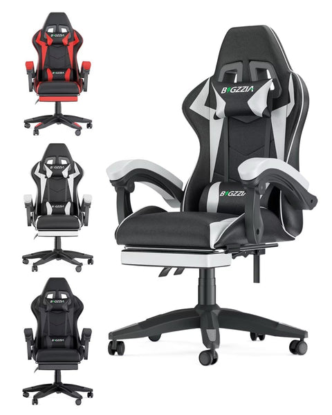 bigzzia Ergonomic Gaming Chair - Gamer Chairs with Lumbar Cushion + Headrest, Height-Adjustable Office & Computer Chair for Adults (without footrest, White)