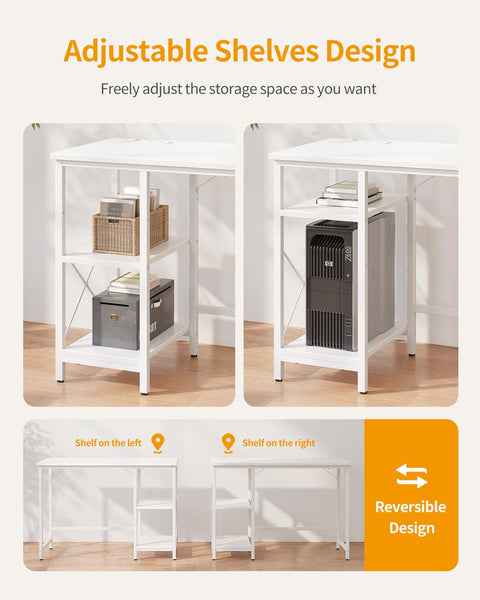 CubiCubi Computer Desk with Monitor Stand and Storage Shelves, 120cm Home Office Desk Study Writing Table, White