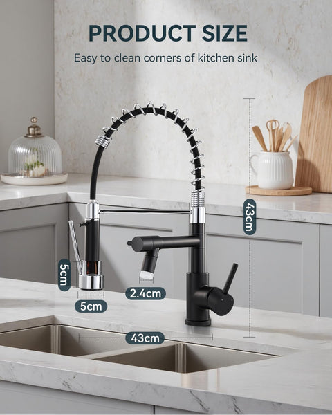 Warmiehomy 5 Modes Kitchen Taps Mixer with Pull Out Spray,High Arc 360° Swivel Dual Spout Pull Down Stainless Steel Kitchen Sink Taps,Brushed Nickel