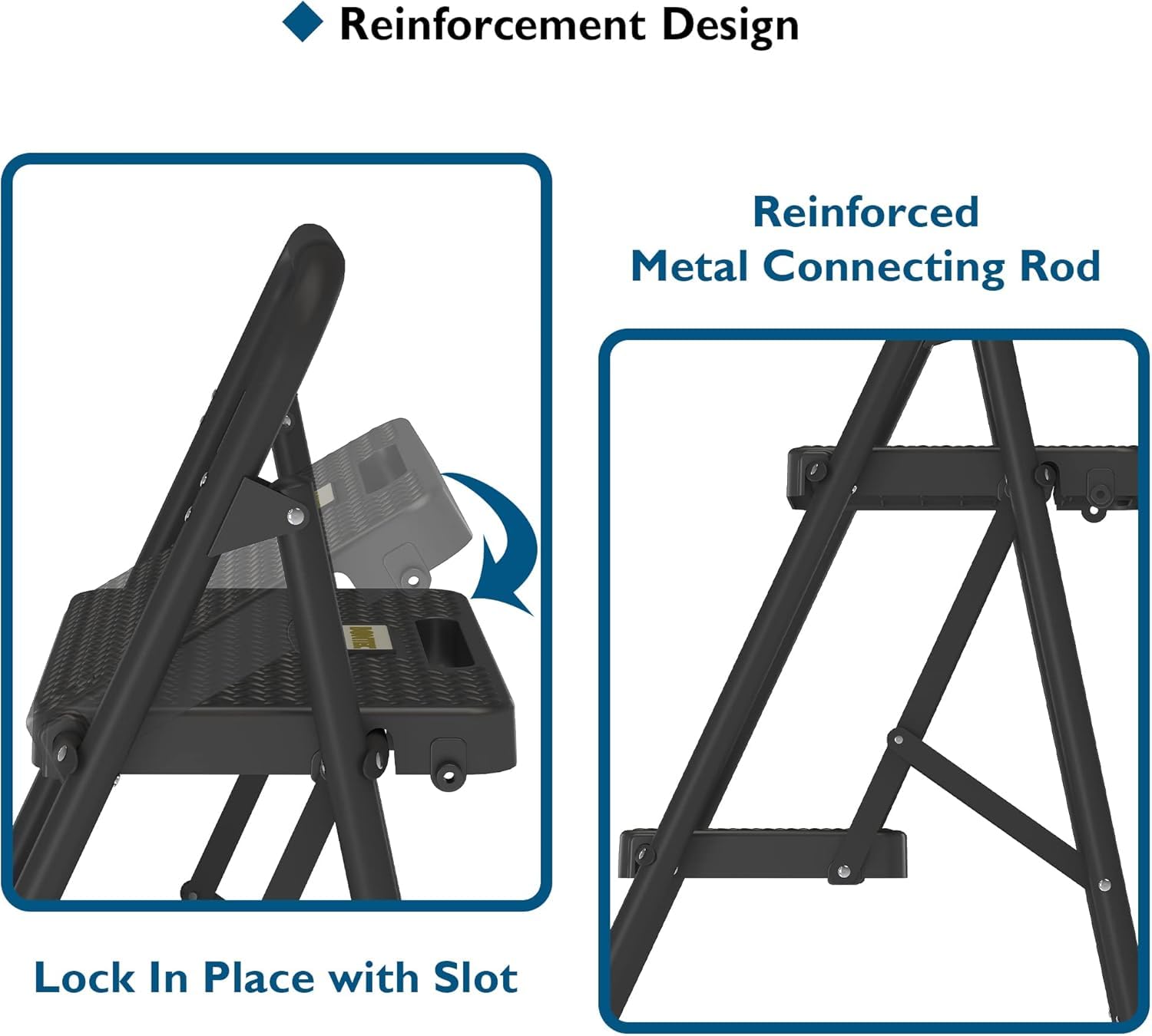 BONTEC 2 Step Ladder, Capacity 150KG with Wide Anti-Slip Pedals, Folding Steel Step Stool, Sponge Handlebar, Lightweight Portable Ladder Suitable for Home, Kitchen, Pantry, Indoor/Outdoor Use, Black