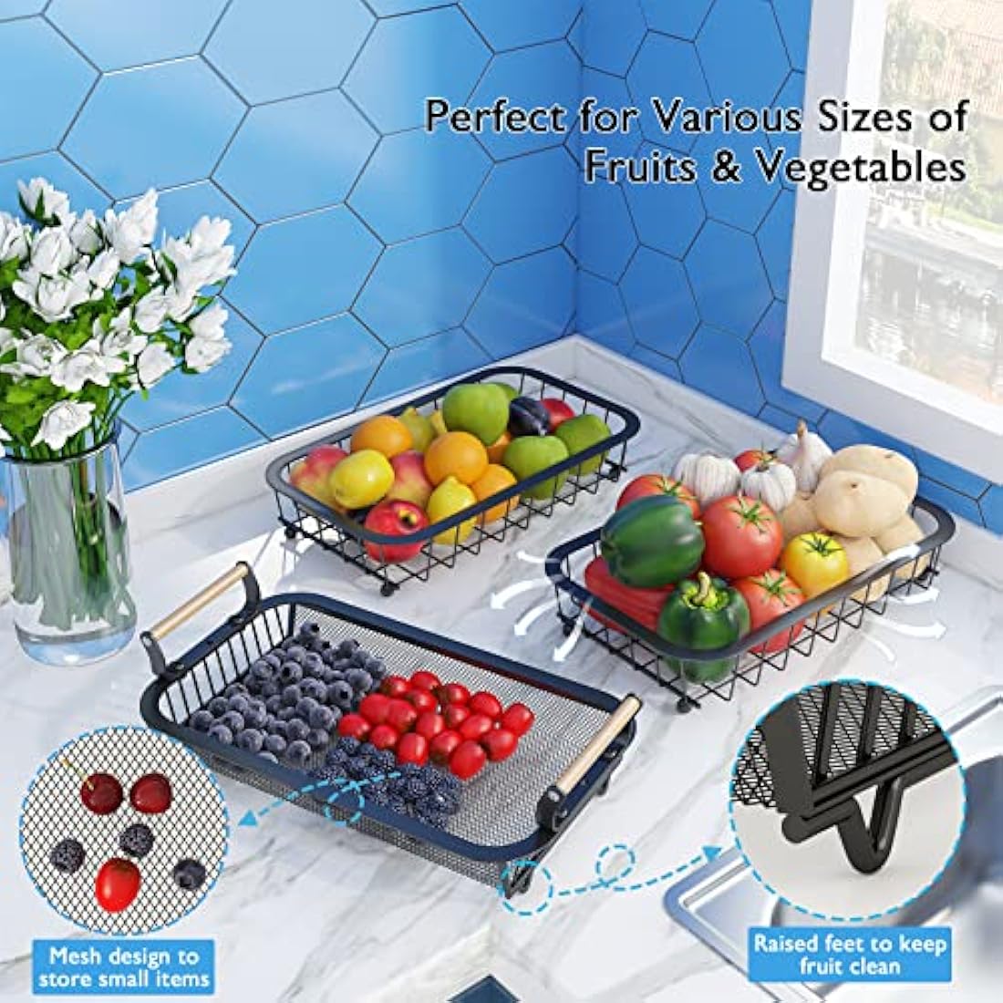 ANTOPY 3 Tier Fruit Basket with 2 Banana Hangers, Countertop Vegetable Bowl Kitchen Counter Metal Mesh Fruits Stand Produce Holder Organizer Onion Potato Bread Snack Veggie, Black