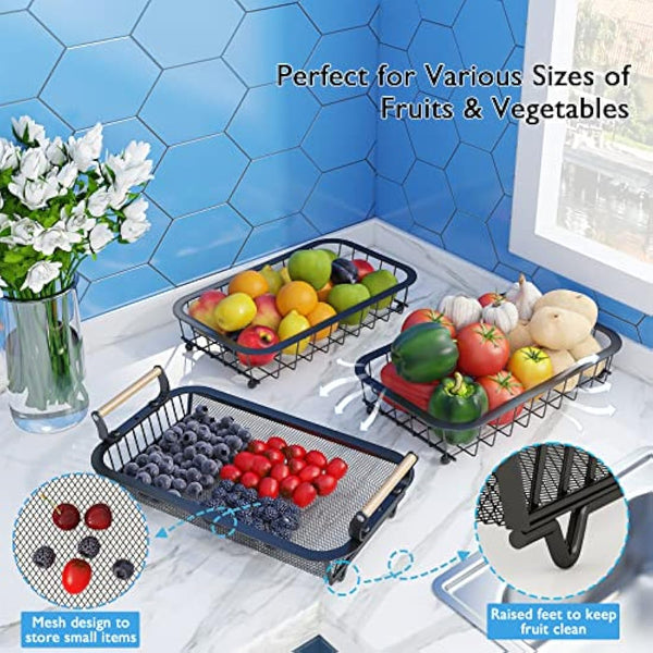 ANTOPY 3 Tier Fruit Basket with 2 Banana Hangers, Countertop Vegetable Bowl Kitchen Counter Metal Mesh Fruits Stand Produce Holder Organizer Onion Potato Bread Snack Veggie, Black