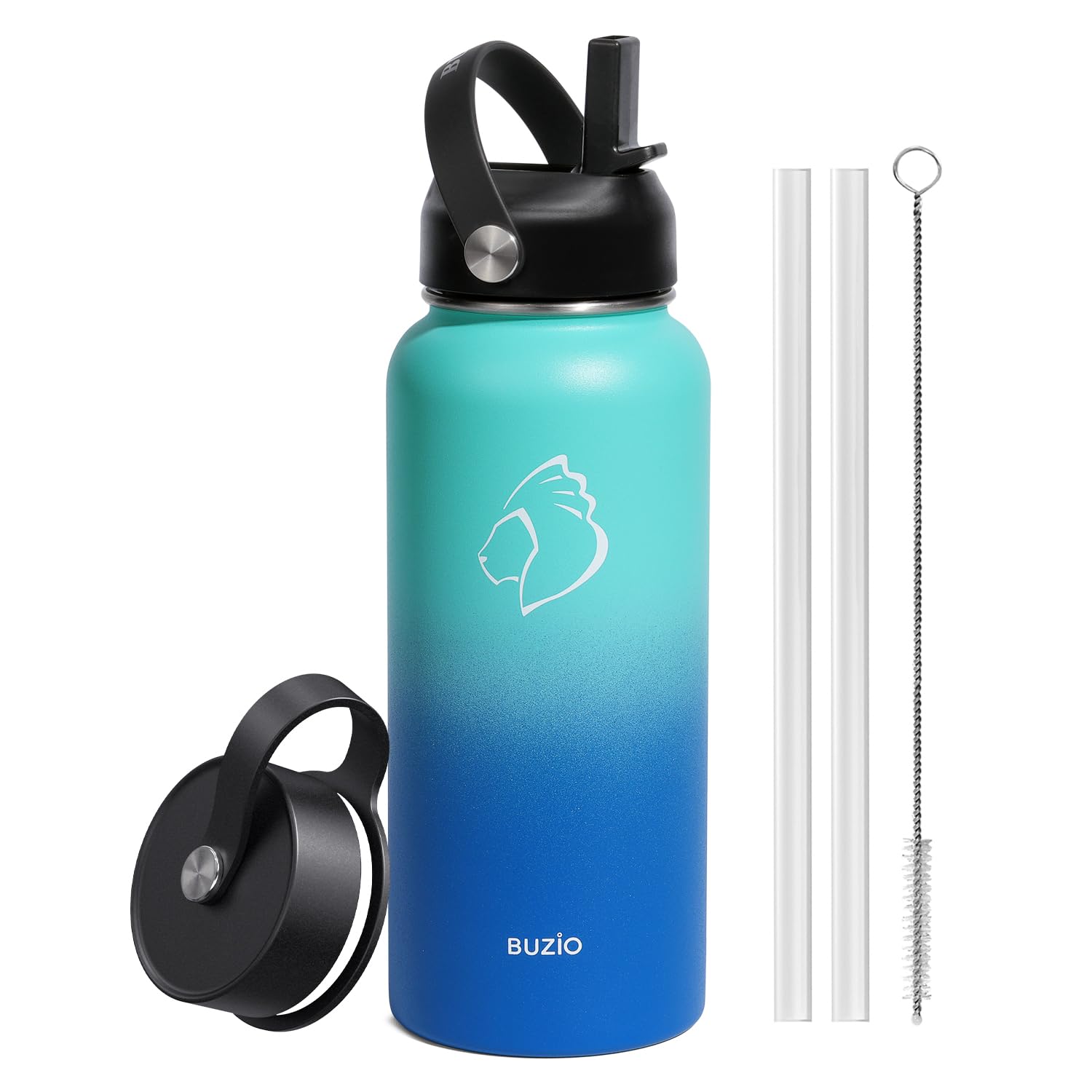 Stainless Steel Water Bottle 2L, BUZIO Vacuum Insulated Water Bottle with Straw Lid and Flex Cap Cold for 48 Hrs, Hot for 24 Hrs Double Wall Wide Mouth BPA Free Leak Proof, Black