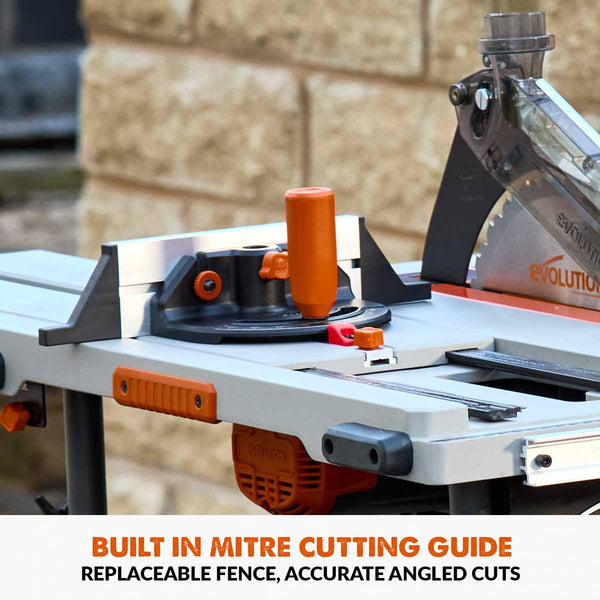 Evolution Power Tools R255TBLX+ Table Saw With Stand (Next Gen Rage 5-S) Multi-Material Cutting Blade Included Cuts Wood Metal Plastic, 45˚ Bevel, +/- 60˚ Mitre Angle, 85mm Cut Depth, 1800w Motor 240v