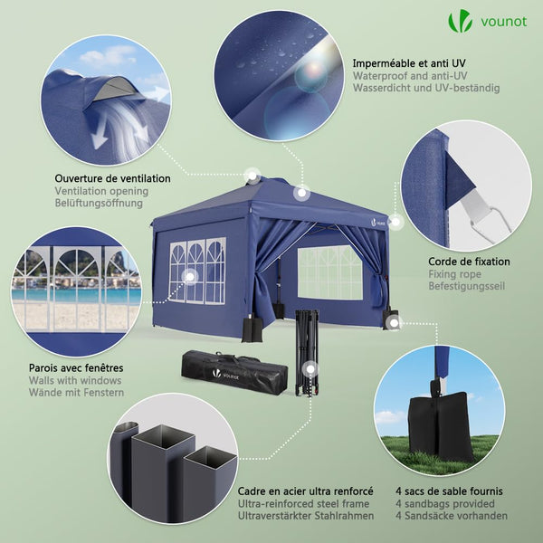 VOUNOT® 3m x 3m Pop Up Heavy Duty Gazebo with Sides, Central Lock System & 4 Weight Bags & Carry Bag, Marquee Garden Party Tent Outdoor, Green