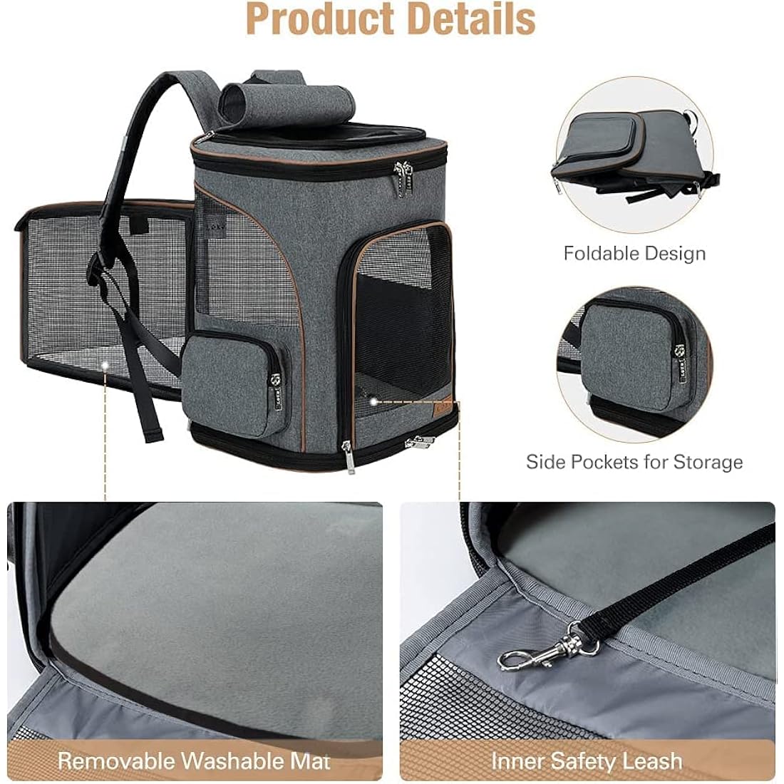 Lekesky Expandable Cat Carrier Backpack - Portable Breathable Rucksack for Medium and Small Cats & Dogs, Foldable with Inner Escape-proof Leash and Pet Mat, Supports 15 lbs (Grey)
