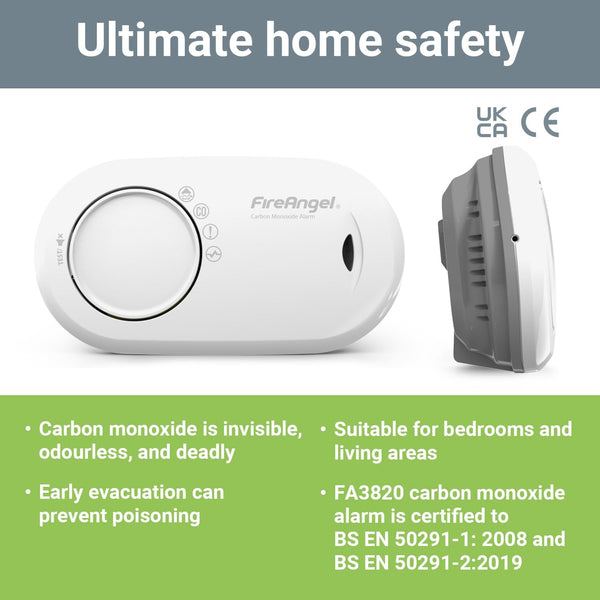 FireAngel Carbon Monoxide Detector 10-Year Life Sealed Battery - FA3820 Carbon Monoxide Alarm for Home and Holiday - Portable CO Alarm - Travel Carbon Monoxide Detector and Monitor - White