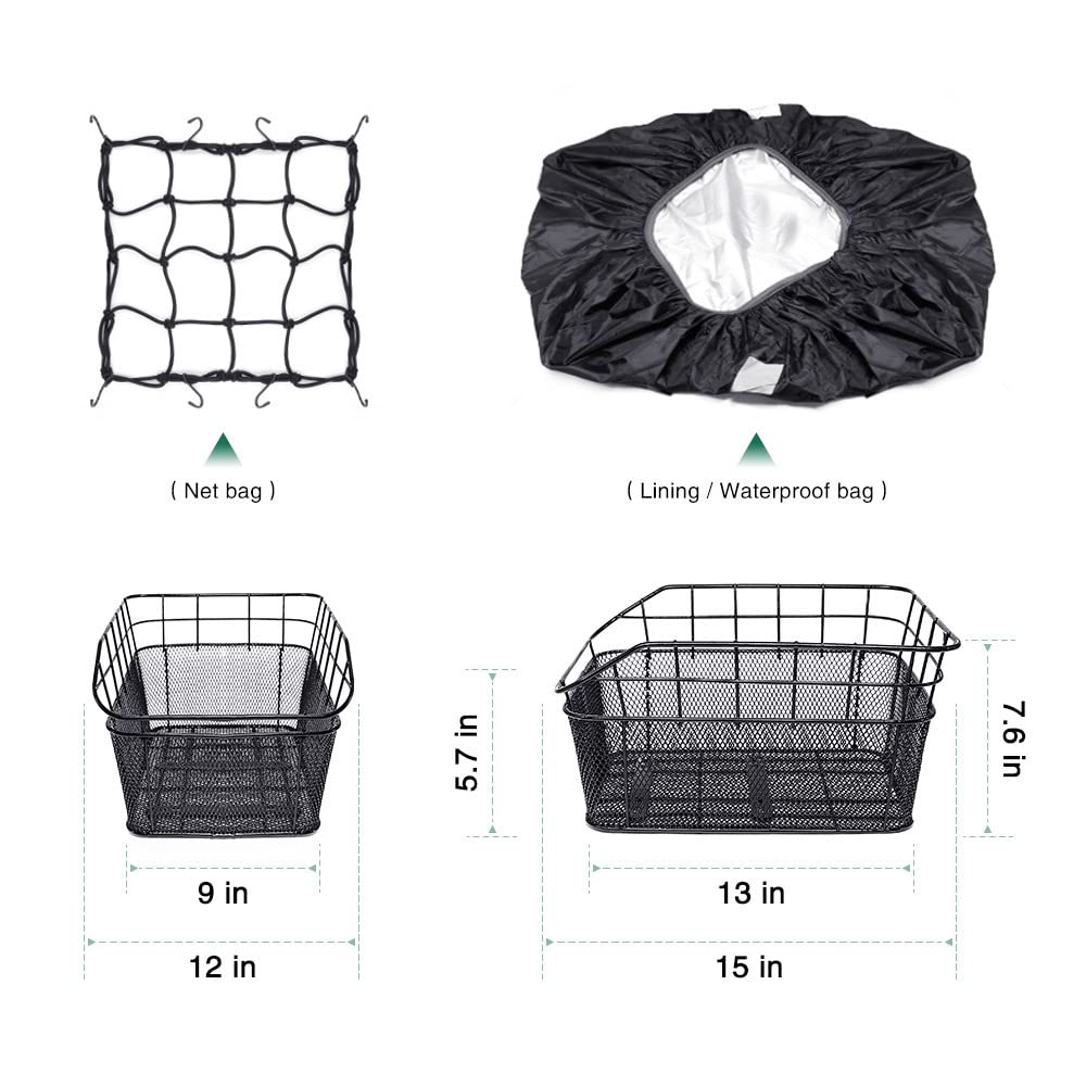 ANZOME Bike Basket Rear,Waterproof Metal Wire Bicycle Rear Basket with Adjustable Cargo Net and Rainproof Cover Fits to Most Rear Bike Rack