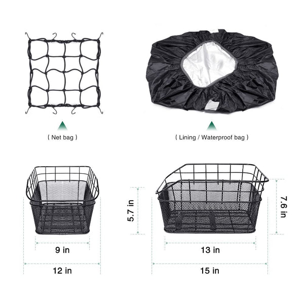 ANZOME Bike Basket Rear,Waterproof Metal Wire Bicycle Rear Basket with Adjustable Cargo Net and Rainproof Cover Fits to Most Rear Bike Rack