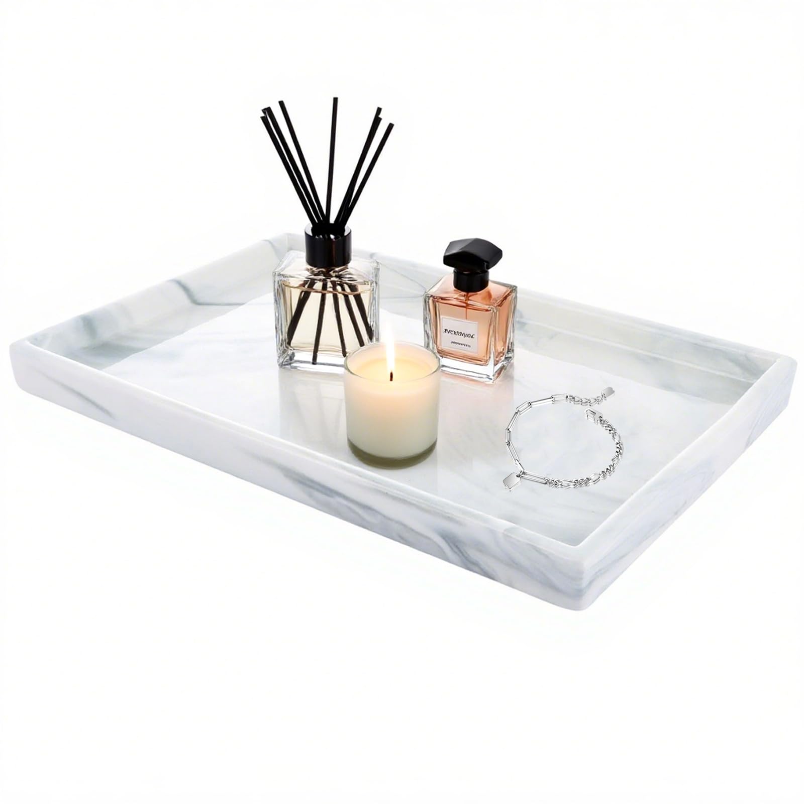 AHAQU 30x20cm Marble Stone Decorative Tray, Ceramic Vanity Trays Large, White Cosmetic Tray Perfume Trays, Rectangular Bathroom tray for Candle, Small