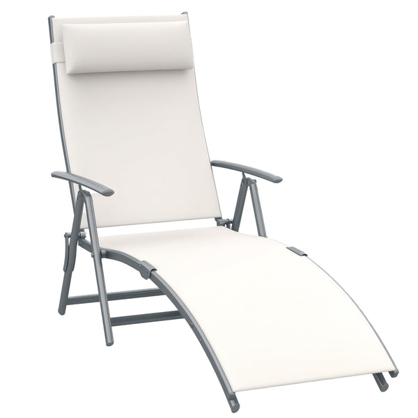 Outsunny Sun Lounger Steel Frame Outdoor Folding Chaise Texteline Lounge Chair Recliner with Headrest & 7 Levels Adjustable Backrest, Cream White