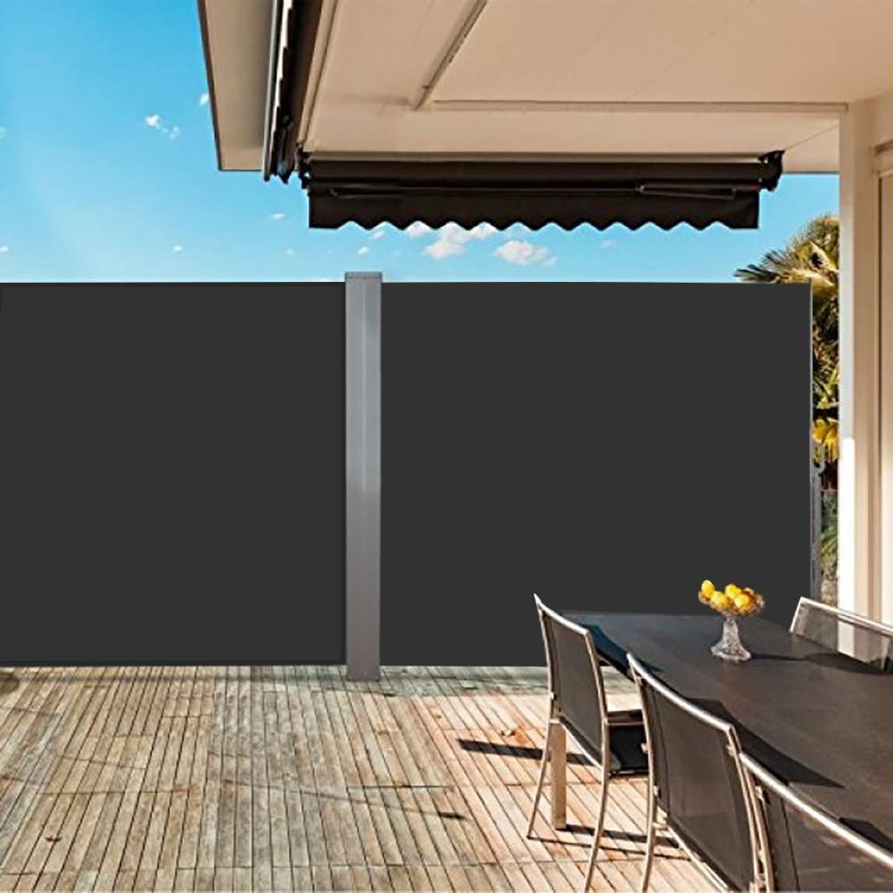The Fellie Dark Grey Retractable Side Awning, Wind, UV Protection and Weatherproof PU Coating for Outdoor Privacy Screen for Garden, Balcony, Terrace, 140 x 300 cm