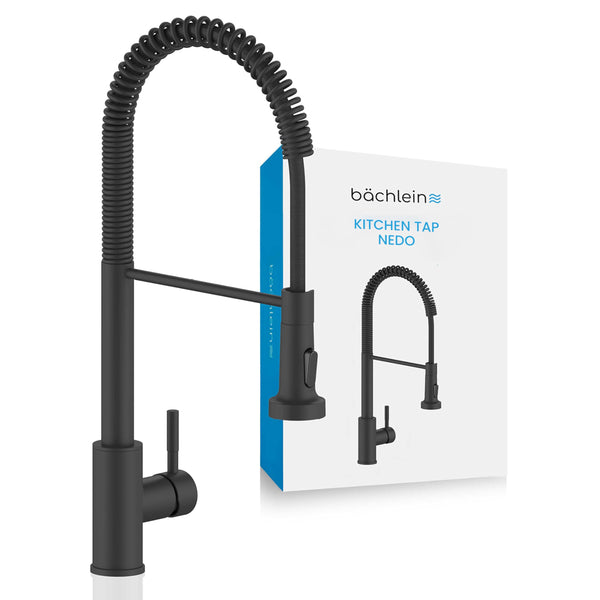 Bächlein Kitchen Faucet 360 Degree Swivel (Brushed Stainless Steel) - One-Hand Sink Mixer with Flexible Neck and Shower with Switch Button, Kitchen Faucet with Magnetic Holder