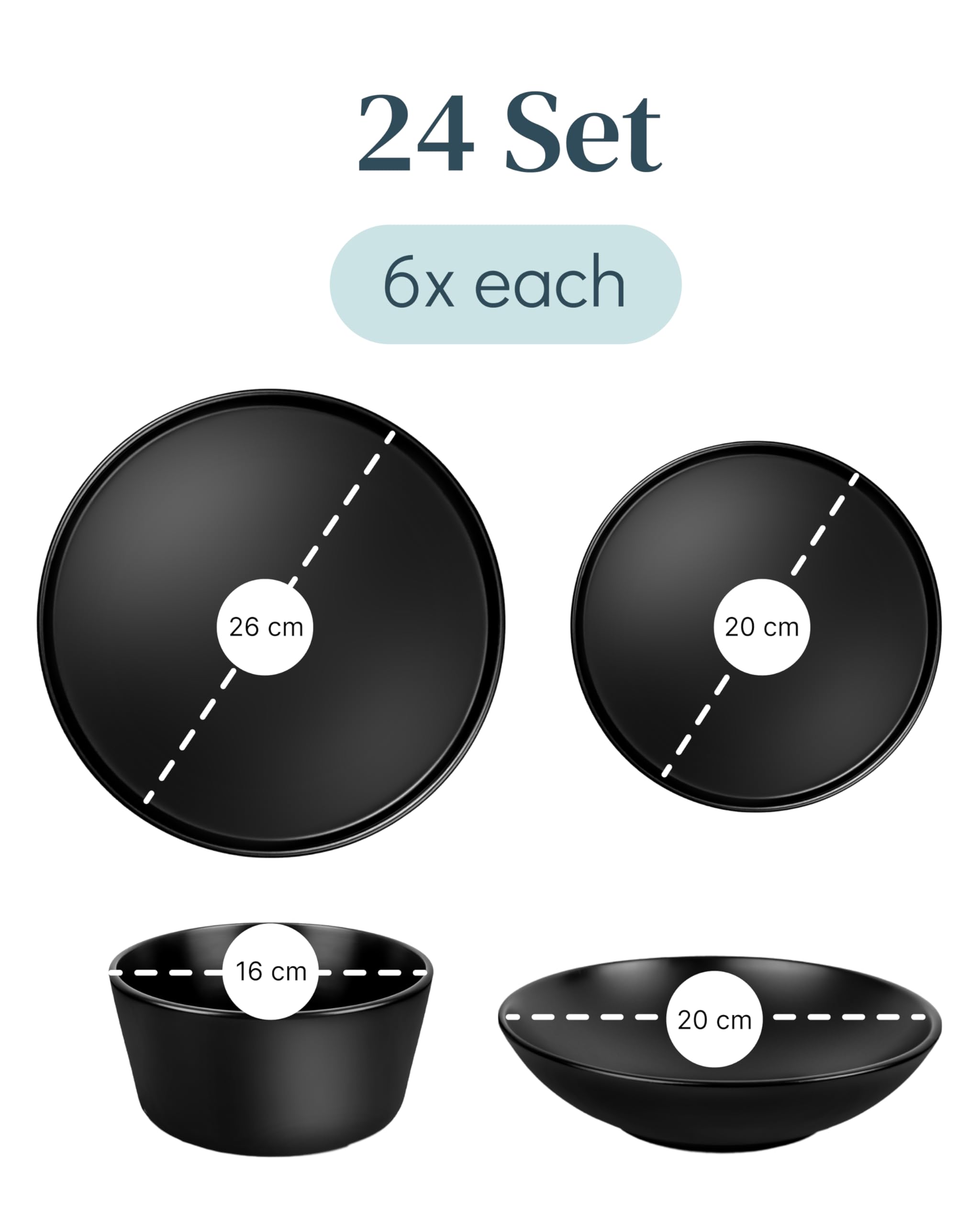24 Piece Black Dinner Sets for 6 People - Cool Urban Style Stoneware Dinner Set for 6 - Dishwasher & Microwave Safe Plates and Bowls Set for 6 - Dinnerware Sets by Pure Living in Matte Black