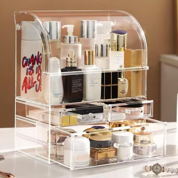 SIOOUI Cosmetic Organizer, Large Acrylic Clear Cosmetics Storage Display Case with Drawers, Perfume Makeup Organizer Box with Waterproof Cover for Bedroom Vanity Desk,Counter, Bathroom, Dresser