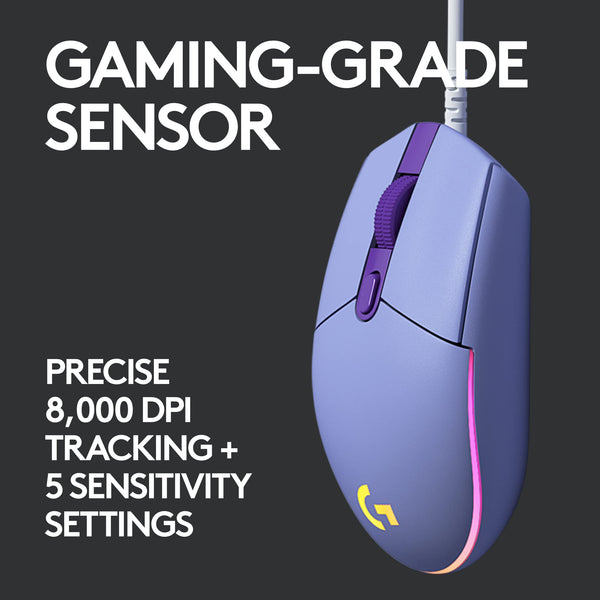 Logitech G203 LIGHTSYNC Gaming Mouse with Customizable RGB Lighting, 6 Programmable Buttons, Gaming Grade Sensor, 8K DPI Tracking, Lightweight - Lilac