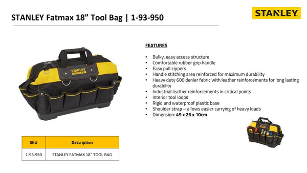 STANLEY FATMAX Technician Tool Bag, 18" Heavy Duty, Hard Waterproof Base, Multiple Pockets, Shoulder Strap, 1-93-950