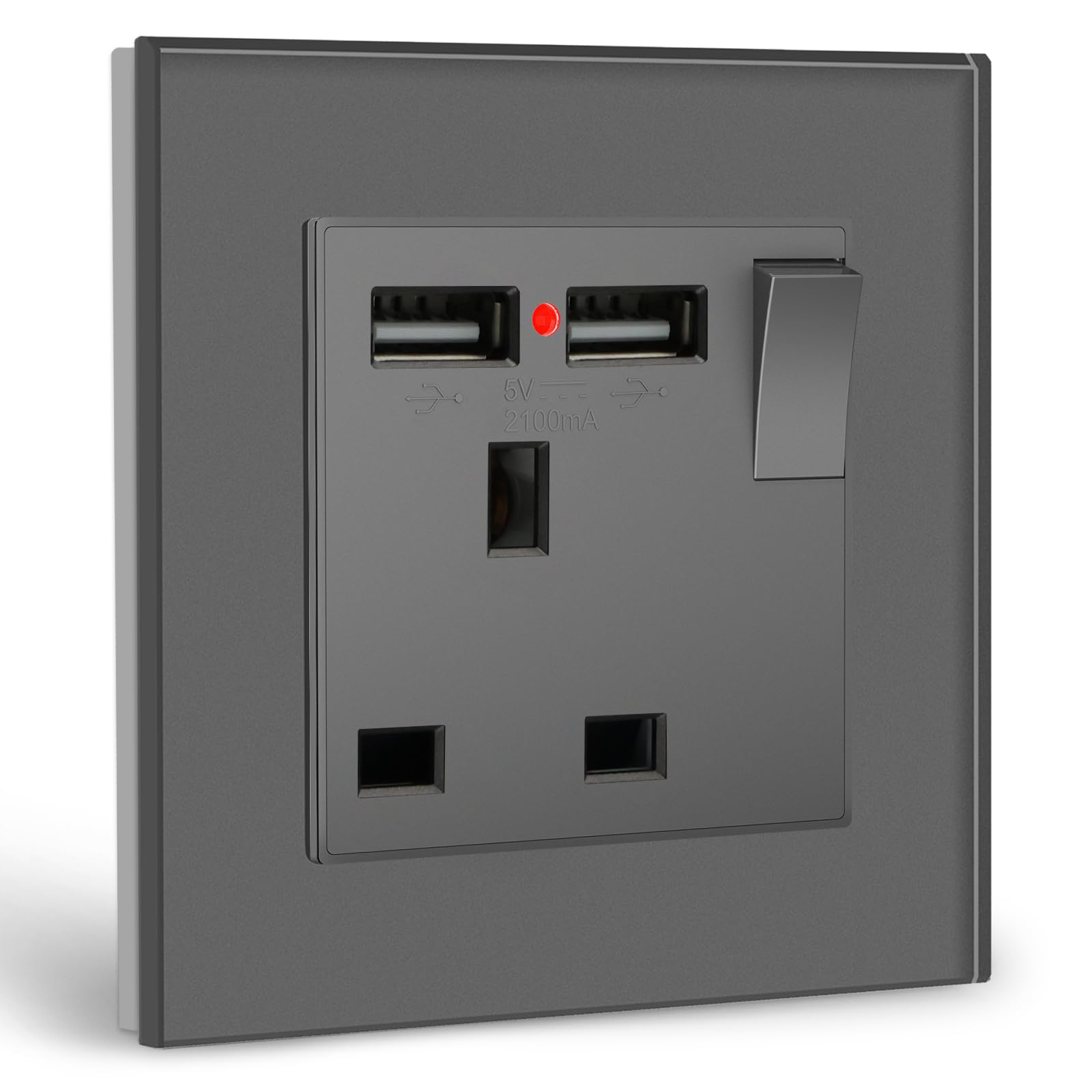 BSEED Double Socket 13A with LED Indicator, Double Switched Wall Socket 2 Gang UK Standard, Electric Switched Plug Power Wall Outlet with Glass Panel, Grey