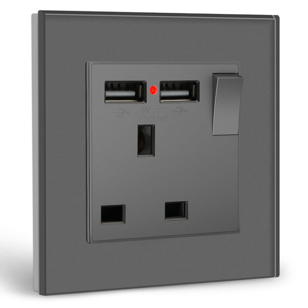 BSEED Double Socket 13A with LED Indicator, Double Switched Wall Socket 2 Gang UK Standard, Electric Switched Plug Power Wall Outlet with Glass Panel, Grey