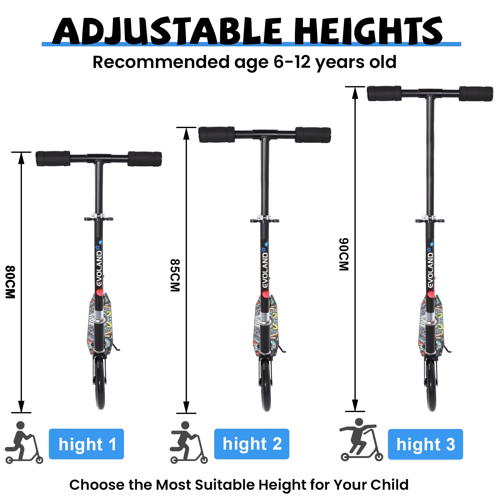EVOLAND Kick Scooter Foldable, Adjustable Height 2 Wheels Scooter with Lightweight Aluminium Deck for Boys and Girls Teens Aged 8/9/10/11/12+