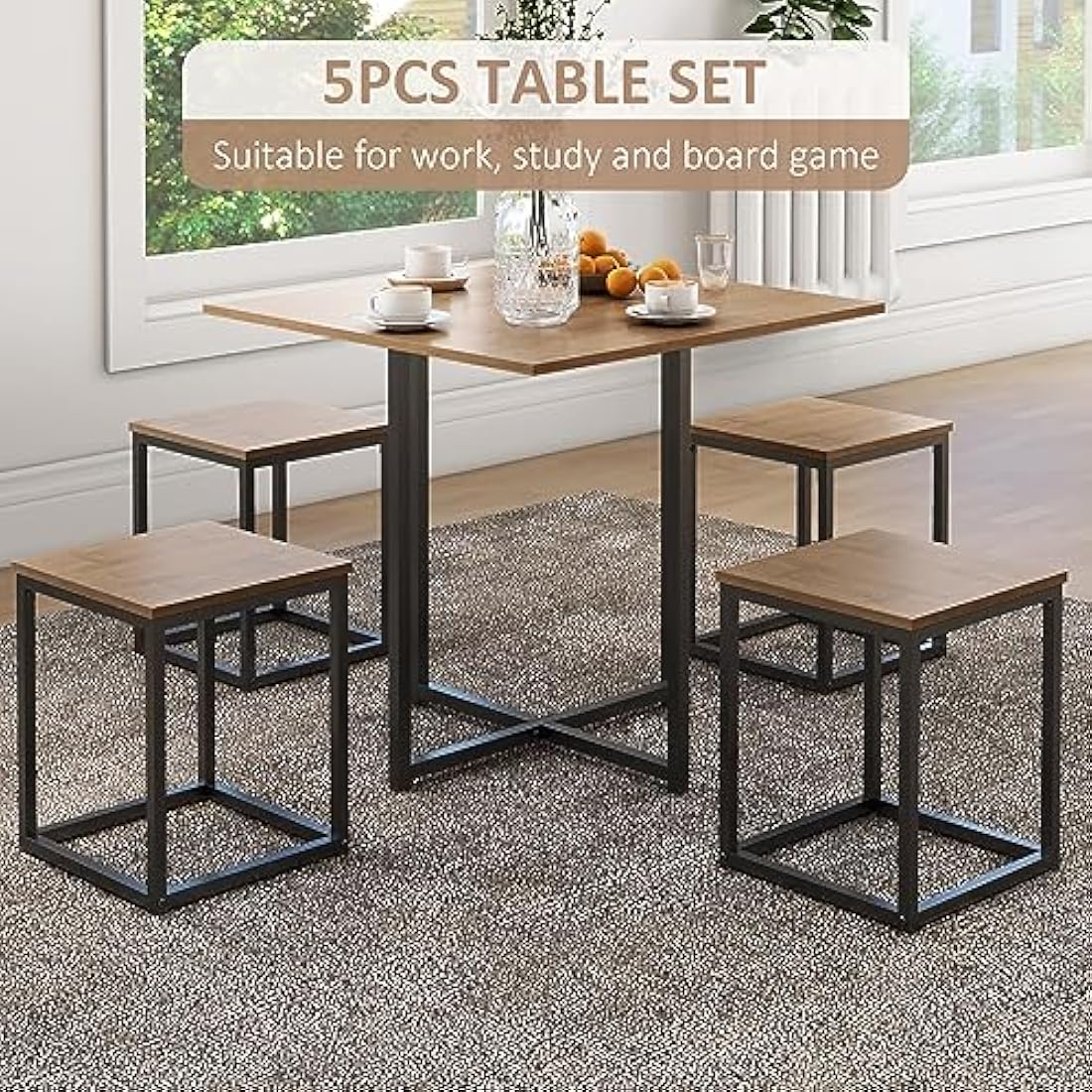 HOMCOM 5 Piece Dining Table and Chairs Set 4, Industrial Space Saving Table and Chairs with Metal Frame, Square Kitchen Table and Stools for Dining Room, Brown