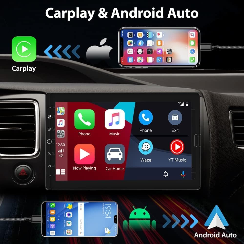10.1 Inch 10.1" 1080P Detachable Touch Screen Car Stereo Headunit Single Din with Built-in Apple Carplay Car Radio Bluetooth with Reverse Camera Support FM SWC USB TF AUX Mirror Link Android Auto 1Din