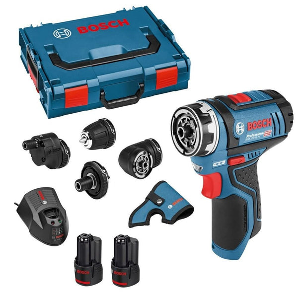 Bosch Professional 12V System Cordless Drill Driver GSR 12V-15 FC (2x battery GBA 12V 2.0Ah, Charger GAL 12V-40, 4x adapter (GFA 12-B, GFA 12-X, GFA 12-W, GFA 12-E, L-BOXX 102)