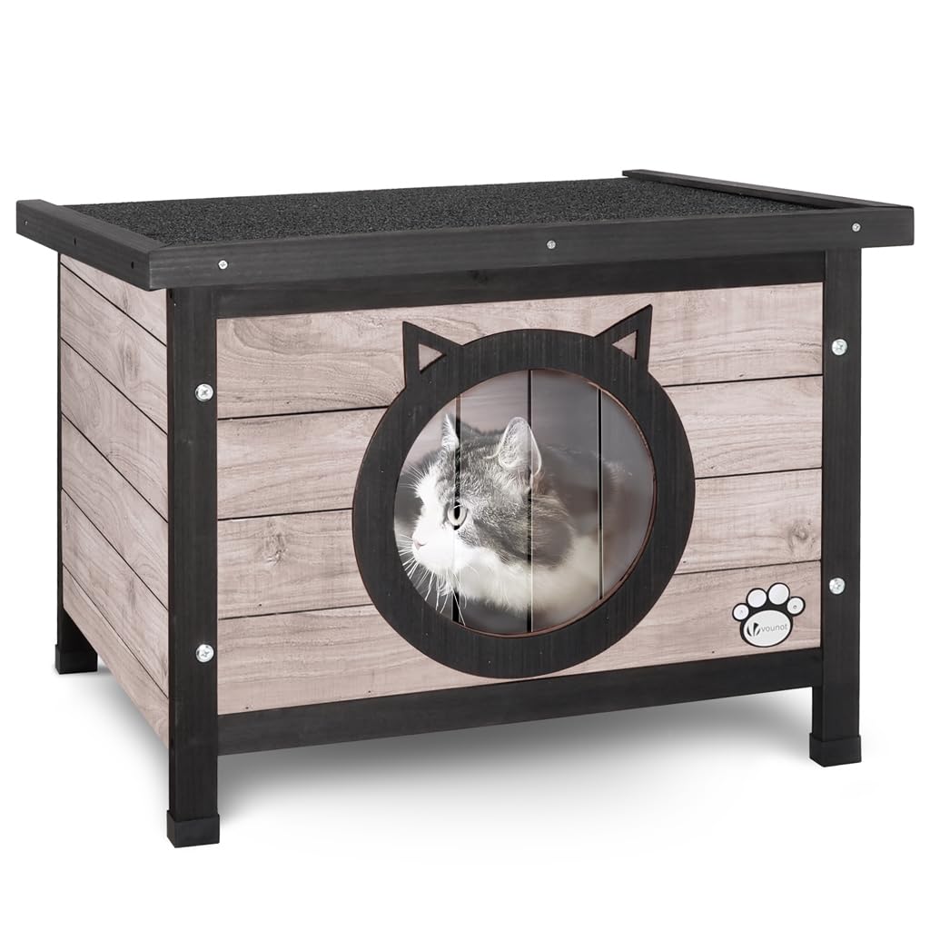 VOUNOT Cat House Outdoor with Kennel Door Privacy Window Cat Wooden Shelter 57x45x43cm, Grey