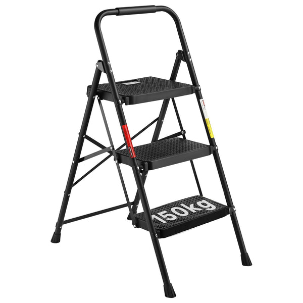 BONTEC 2 Step Ladder, Capacity 150KG with Wide Anti-Slip Pedals, Folding Steel Step Stool, Sponge Handlebar, Lightweight Portable Ladder Suitable for Home, Kitchen, Pantry, Indoor/Outdoor Use, Black
