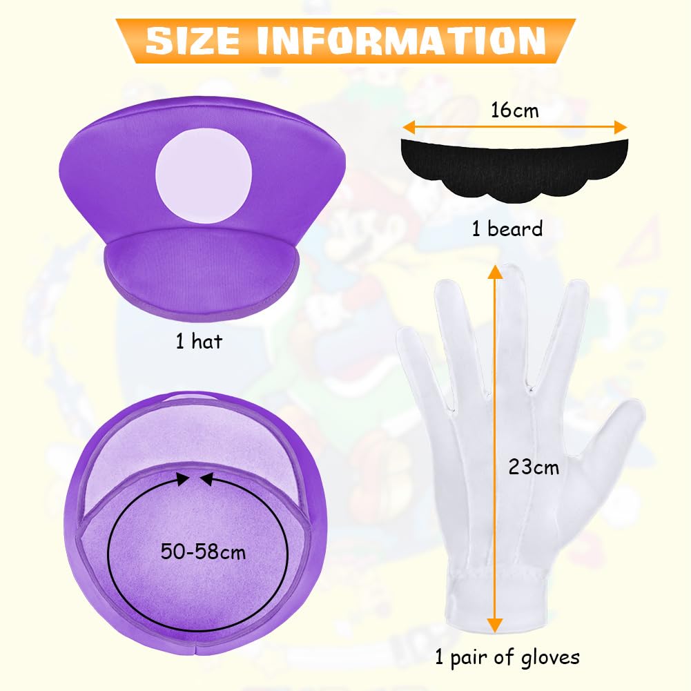 Aomig Mario Costumes, 4 Pack Mario Cosplay Costume Accessories Kits with Bodysuit, Luigi Hats Cap, Mustaches, White Gloves, Mario Luigi Bros Fancy Dress Outfit Costume for Women Men
