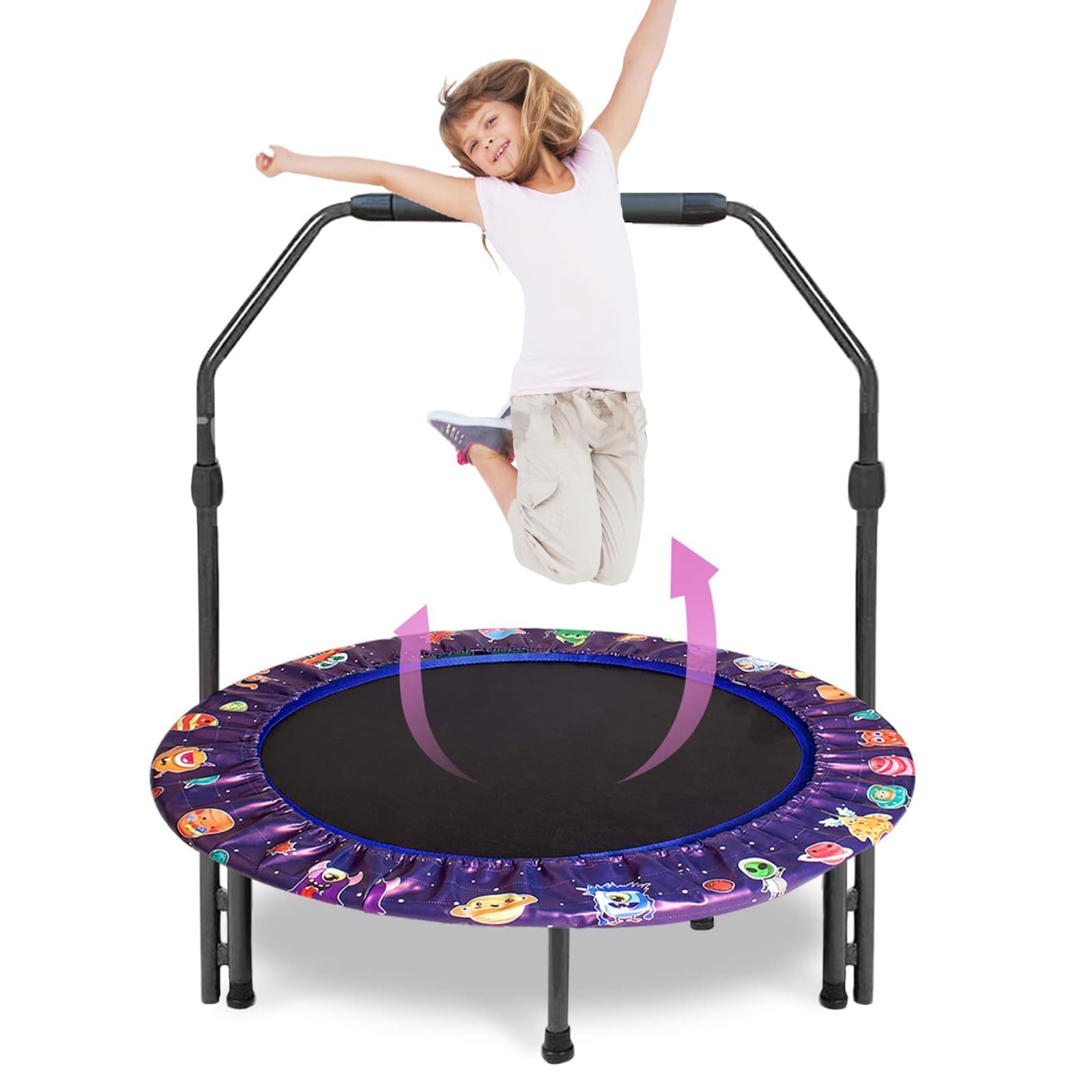36'' Kids Trampoline Mini Trampoline Indoor & Outdoor Rebounder Trampolines with Adjustable Handle and Safety Padded Cover Foldable for Kids Toddler