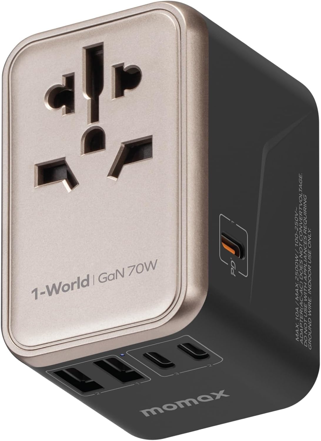 MOMAX Universal Travel Adapter,70W GaN Travel Plug Adapter with UK/EU/AU/US Plugs, 3USB-C PD & 2USB-A QC International Adapter Charger, Adapter Plug for Laptops Phones Vision Pro 1-World-Purple