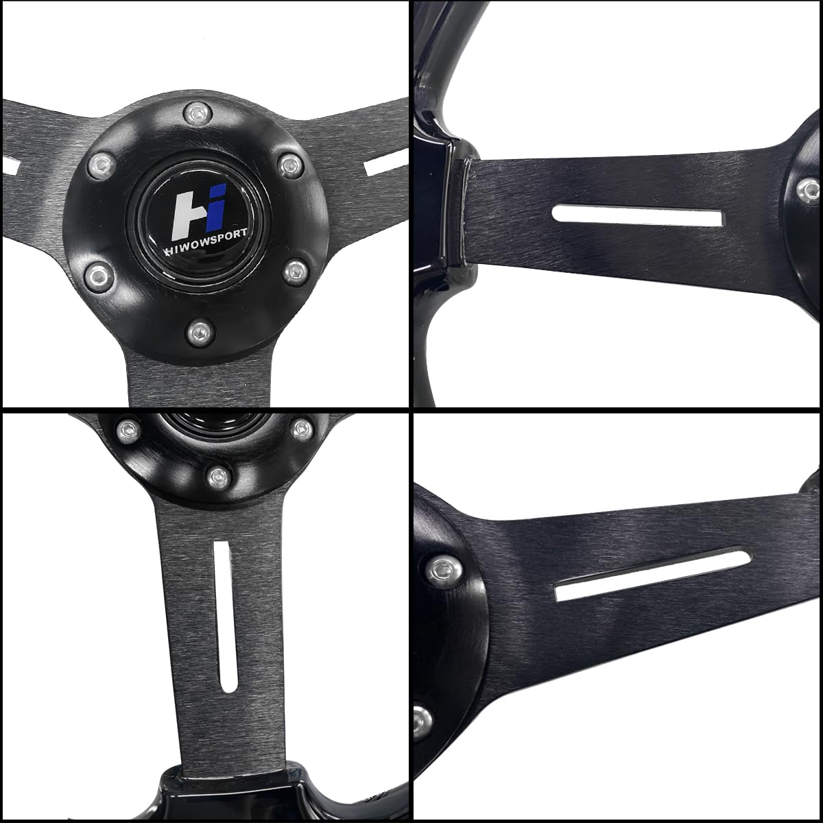 Hiracing 14" Universal Classic Wood Grain Steering Wheel Brushed 3 Spoke 1.5 Depth Steering Wheel with Horn Button 6 bolts (010)