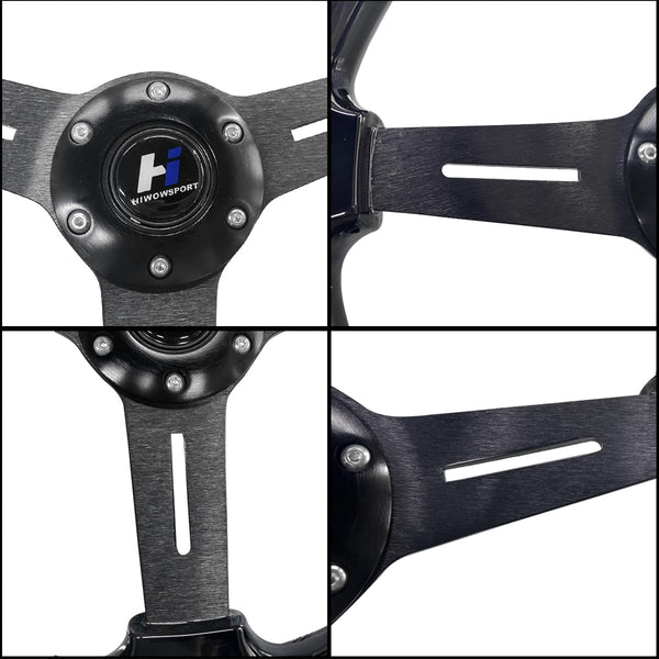 Hiracing 14" Universal Classic Wood Grain Steering Wheel Brushed 3 Spoke 1.5 Depth Steering Wheel with Horn Button 6 bolts (010)