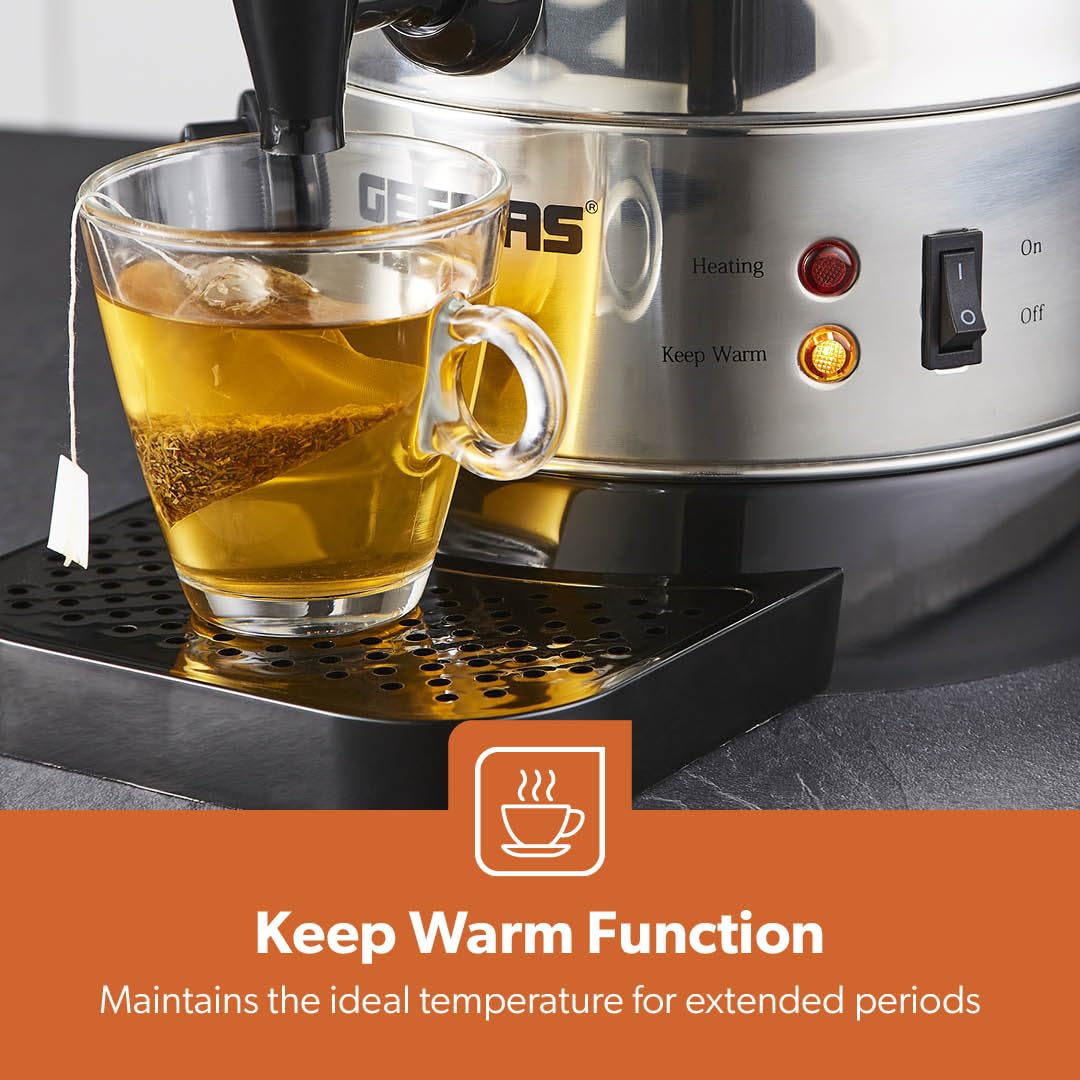 Geepas Electric Catering Urn, 1650W Instant Hot Water Boiler Dispenser - Tea Urn Kettle Home Brewing Commercial Office Use with Keep Warm - Easy Pour Tap, 15 Litre, Stainless Steel – 2 Year Warranty
