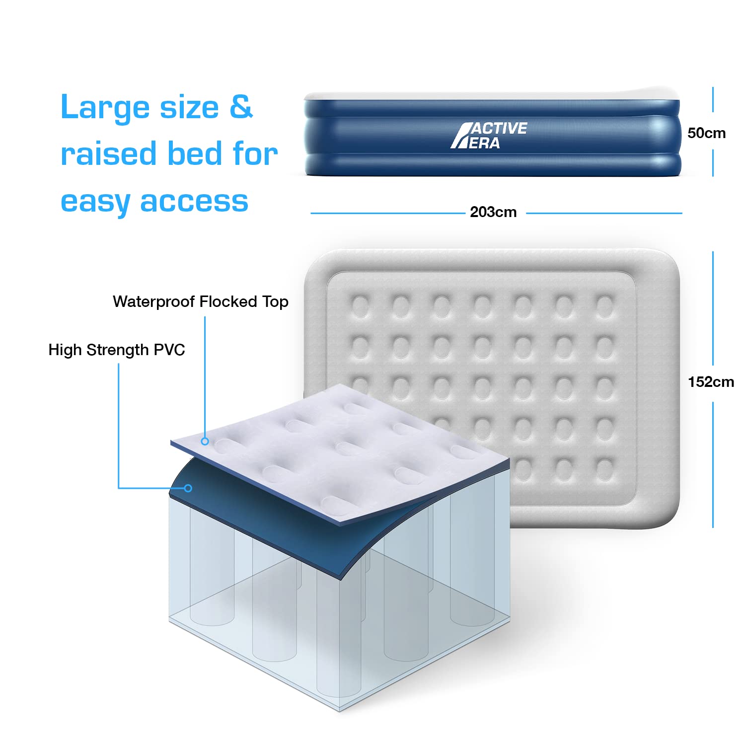 Active Era Premium Single Inflatable Mattress | Airbed for Home with Built-In Pump | 3 Min Self Inflating Blow Up Bed | Flocked Surface & Puncture Resistant Air Bed for Guests & Camping 187x99x53cm
