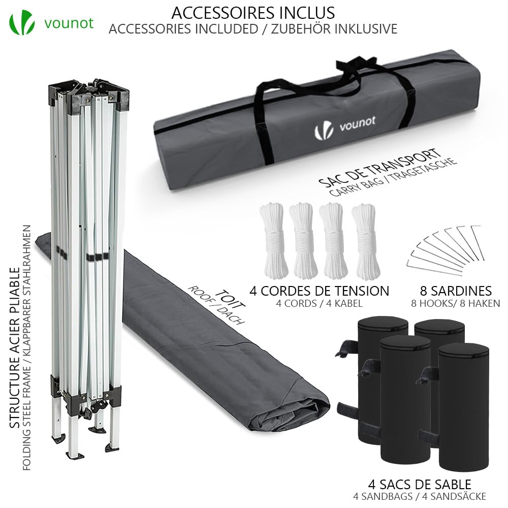 VOUNOT 3m x 3m Pop Up Gazebo with Sides & 4 Weight Bags & Carry Bag, Marquee Garden Party Tent Outdoor, Grey