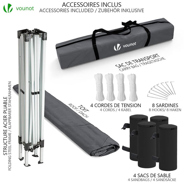 VOUNOT 3m x 3m Pop Up Gazebo with Sides & 4 Weight Bags & Carry Bag, Marquee Garden Party Tent Outdoor, Grey