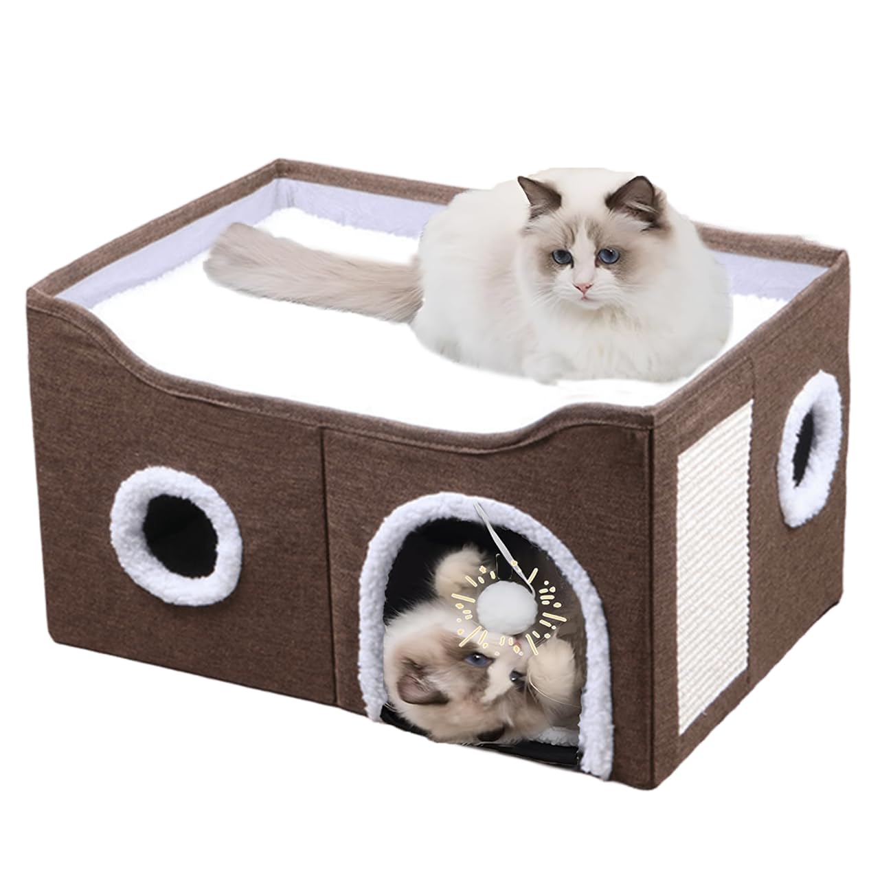 ERNAN Cat Beds for Indoor, Foldable Cat House,Large Soft Cave Bed with Scratching Board for Small Medium Pets (Brown, M)