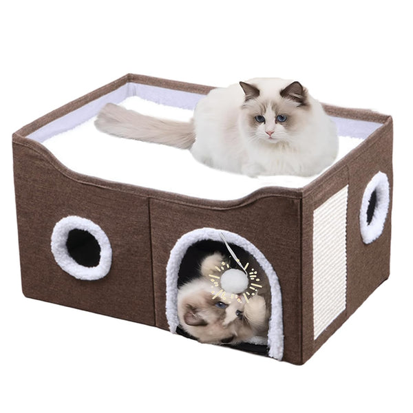 ERNAN Cat Beds for Indoor, Foldable Cat House,Large Soft Cave Bed with Scratching Board for Small Medium Pets (Brown, M)