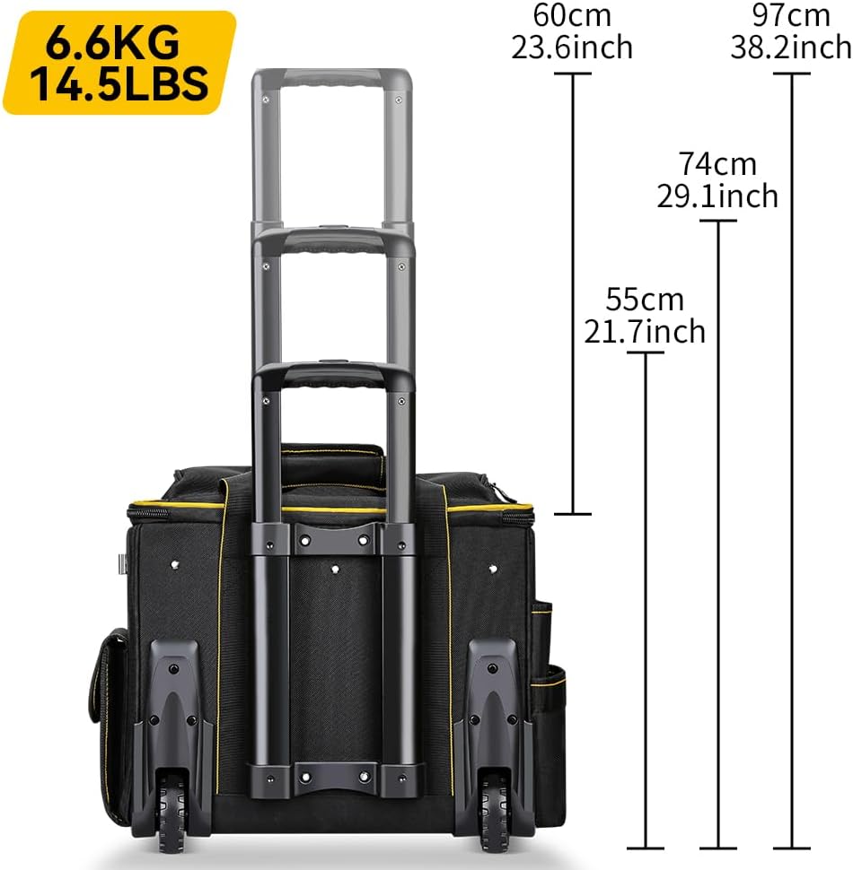 WINNHUNT 46cm Wide Mouth Rolling Tool Bag, 32 Pocket Tool Trolley Bag with Telescopic Handle and 2 Wheels, Black